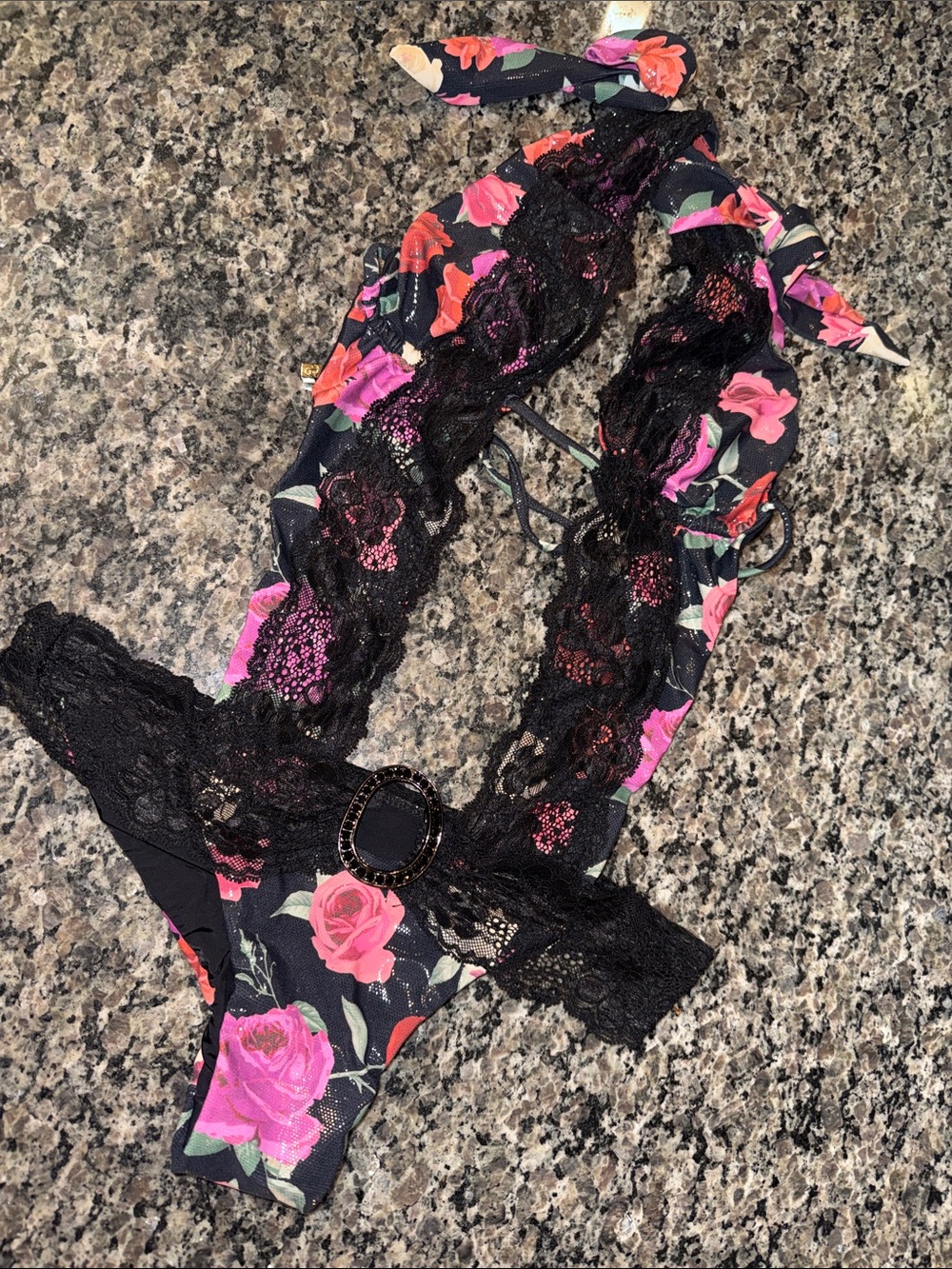 Beach Bunny Black Floral Lace One-Piece Swimsuit with Pink Roses